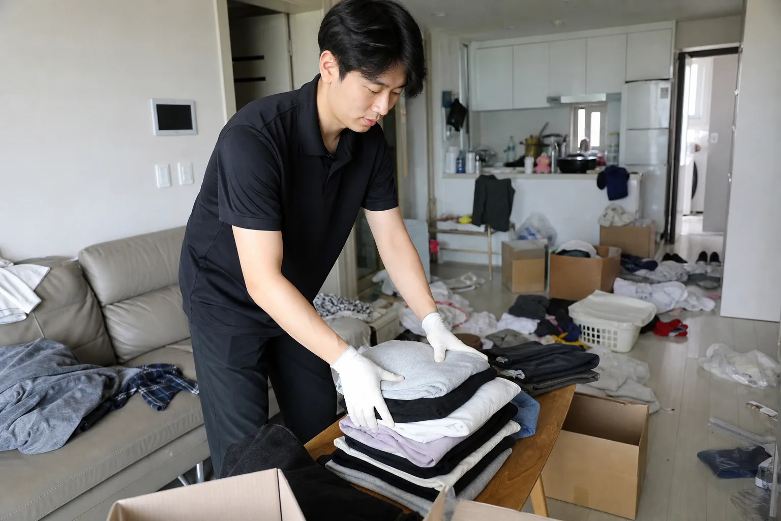 보령시 집정리 전문가가 어지러운 거실을 정리하는 모습