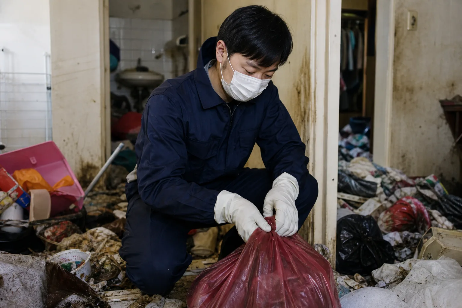 부산진구 고독사 현장 정리 작업을 하는 윤비서홈케어 전문 직원