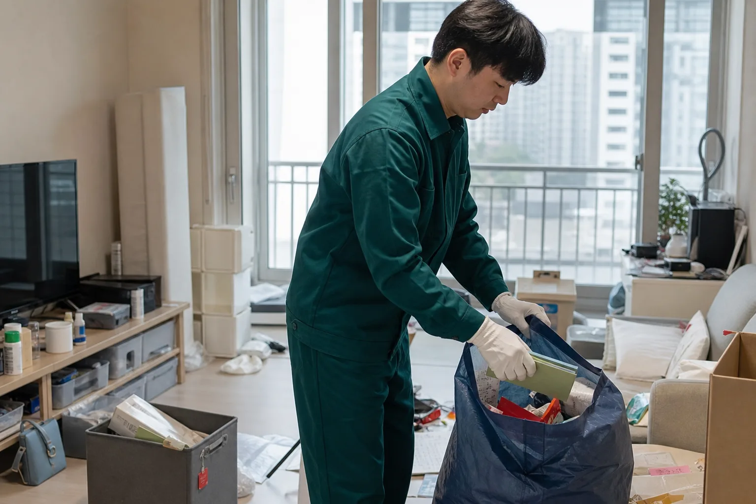 청주시 집정리 현장에서 민트색 유니폼을 입은 전문가가 깔끔하게 정리 정돈을 하고 있는 모습