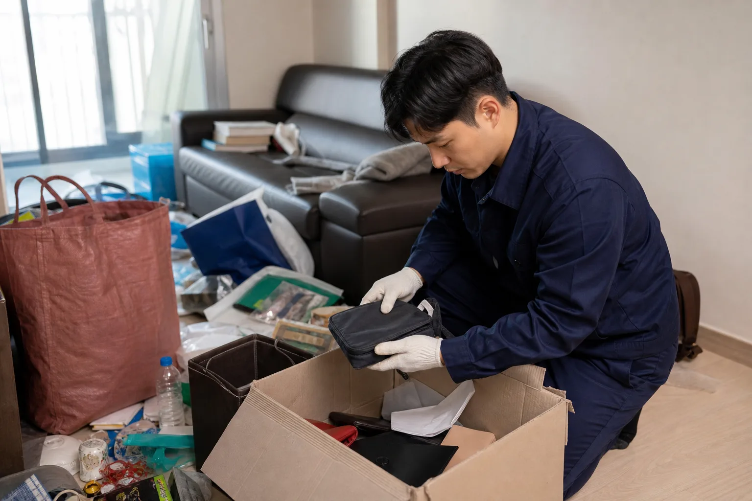충주시 유품정리 전문가가 고인의 유품을 정리하는 모습