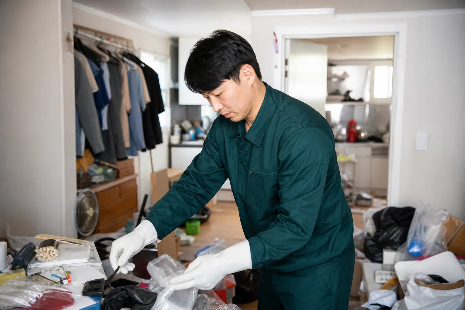 충주시 칠금동 고독사 현장 정리 및 특수청소 현장에서 작업 중인 전문 청소 직원