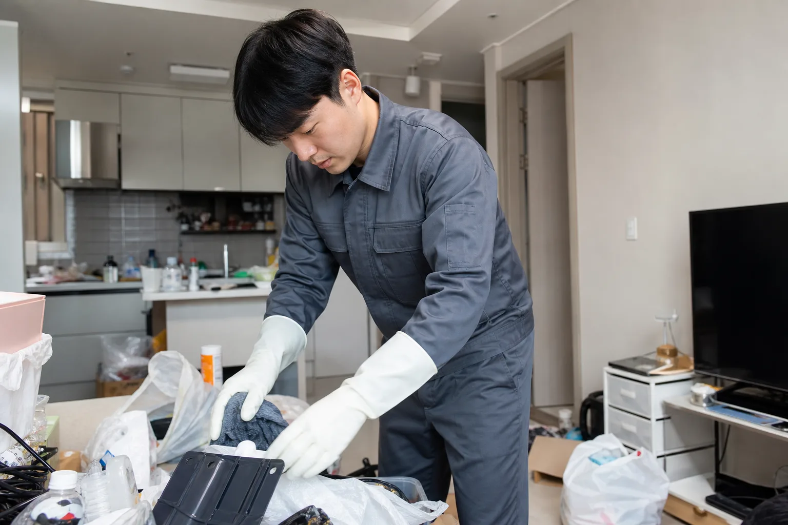 대전광역시 중구 쓰레기집 청소 현장에서 전문 직원이 안전하게 폐기물을 정리하고 있는 모습