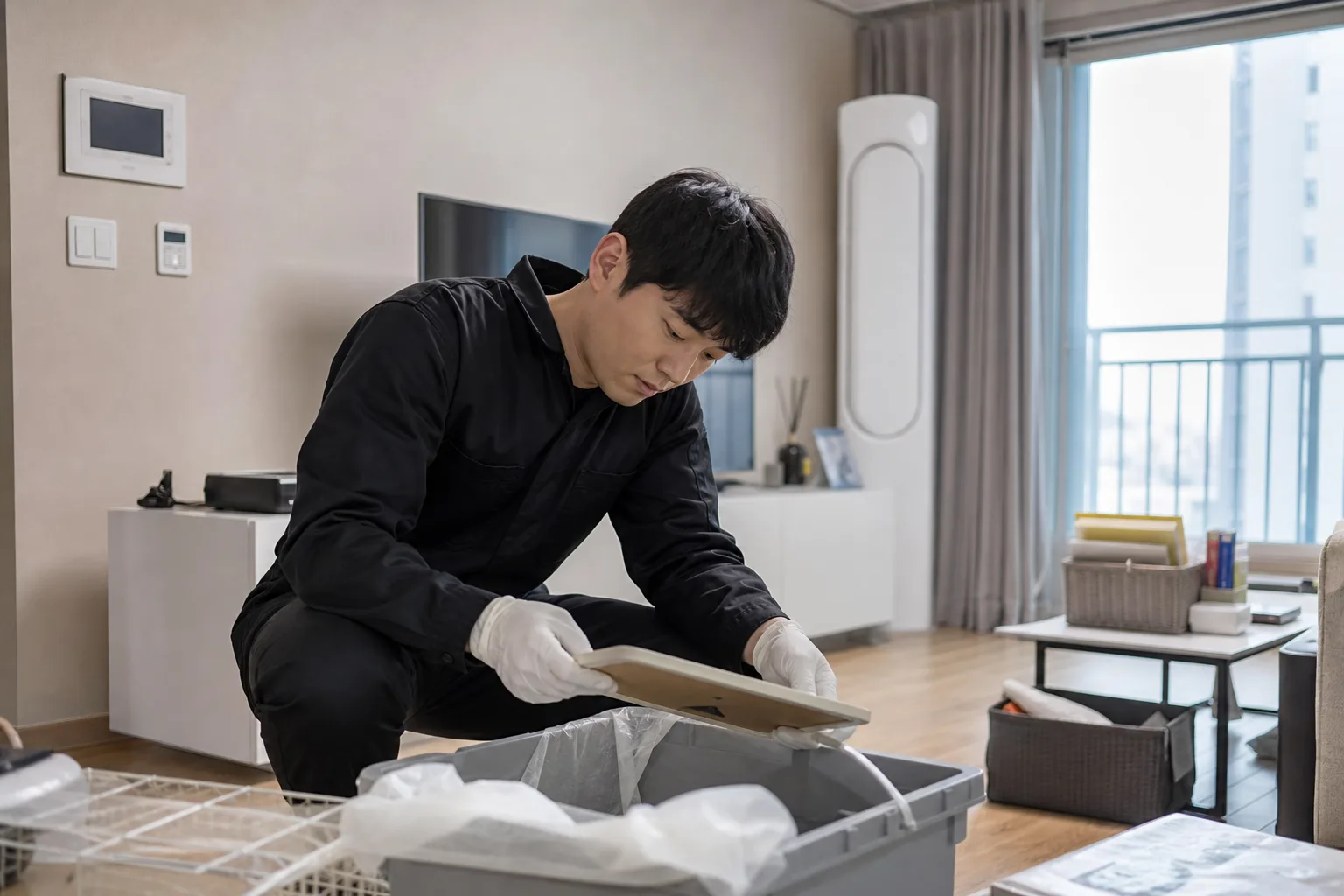 대전광역시 중구 유품정리 현장에서 작업 중인 전문 청소 직원