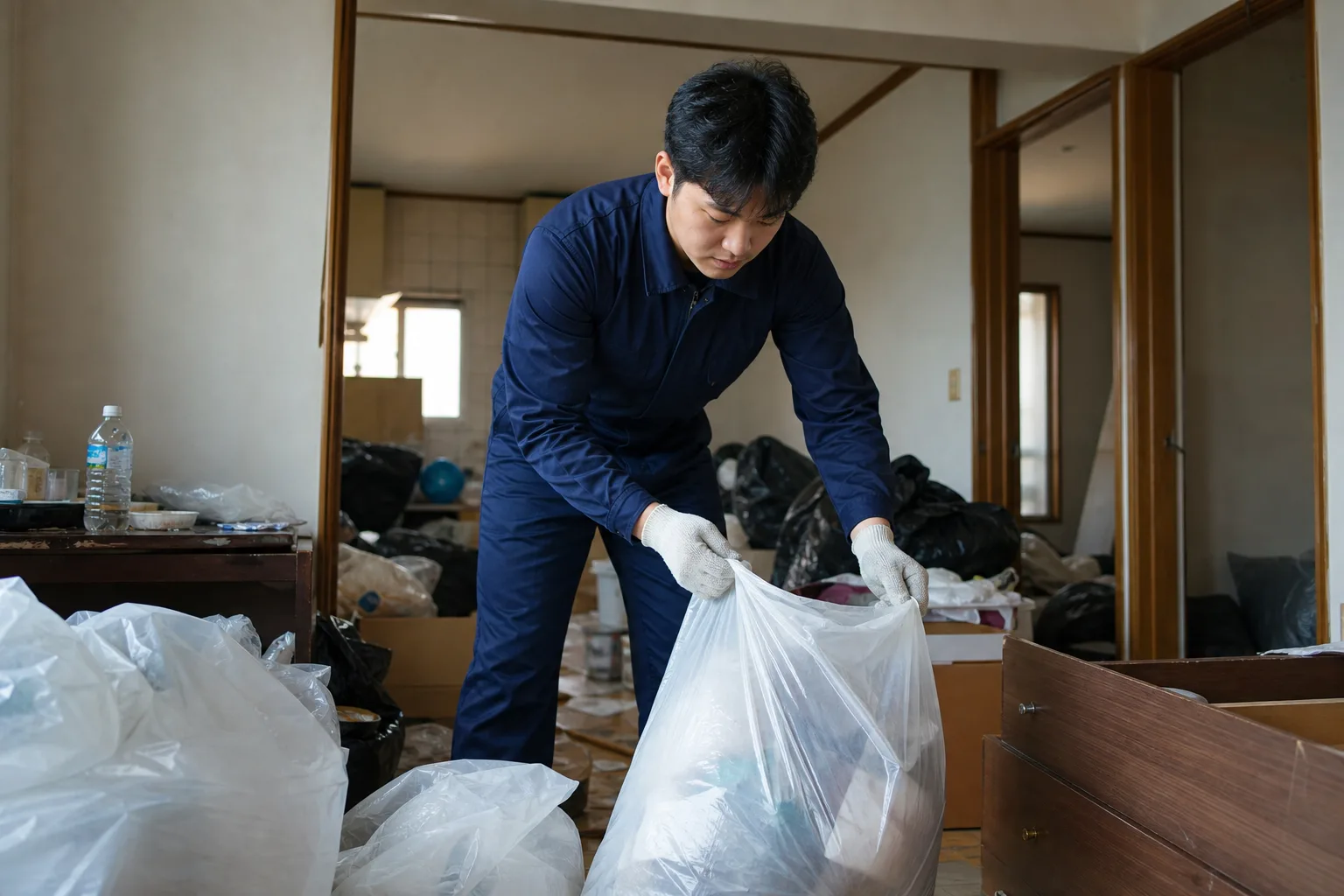 파주시 금촌동 쓰레기집 청소 현장에서 작업 중인 전문 청소 직원