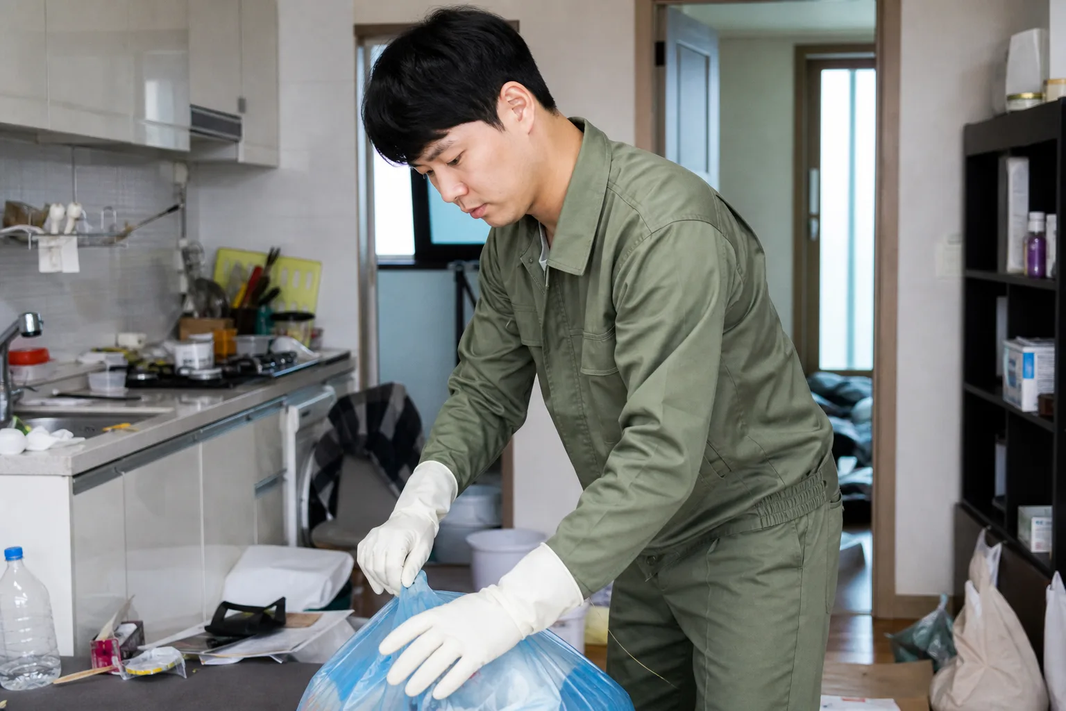 파주시 당하동 쓰레기집 청소 현장에서 작업 중인 윤비서홈케어 전문 직원