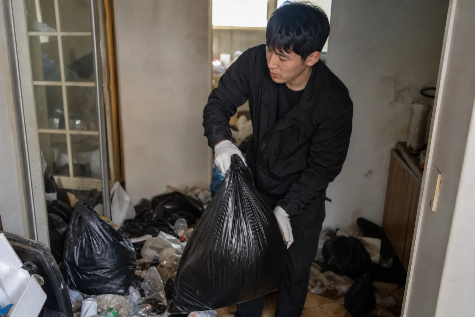 포천시 신북면 쓰레기집 청소 현장에서 작업 중인 윤비서홈케어 전문 직원