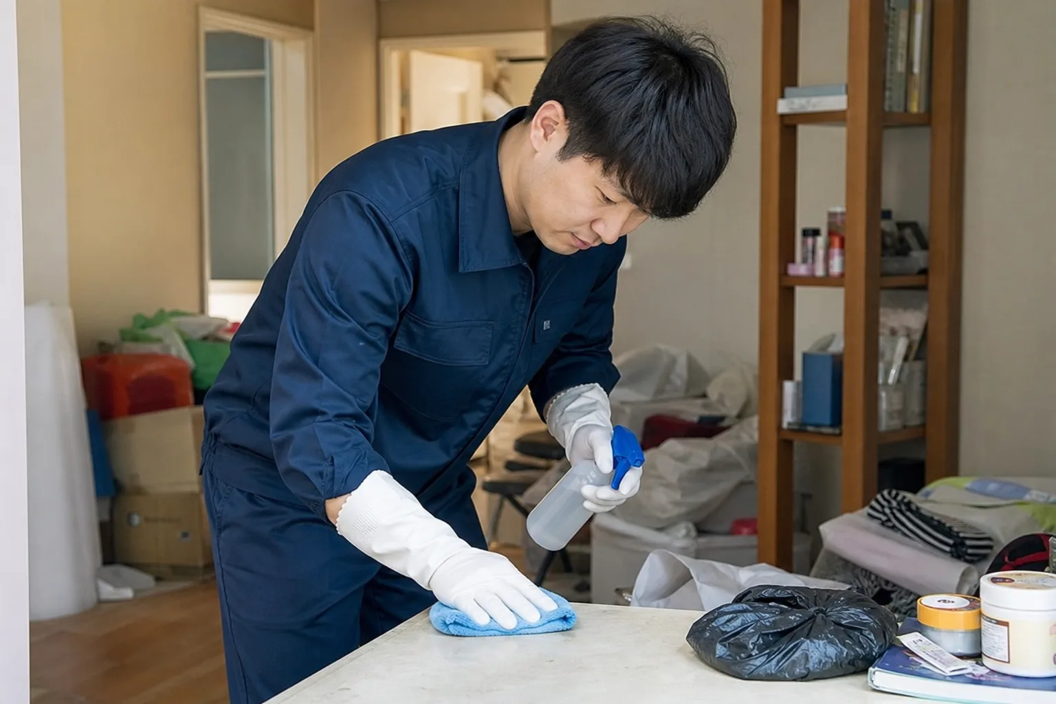 세종시 고독사 현장 정리 중인 윤비서홈케어 전문 직원