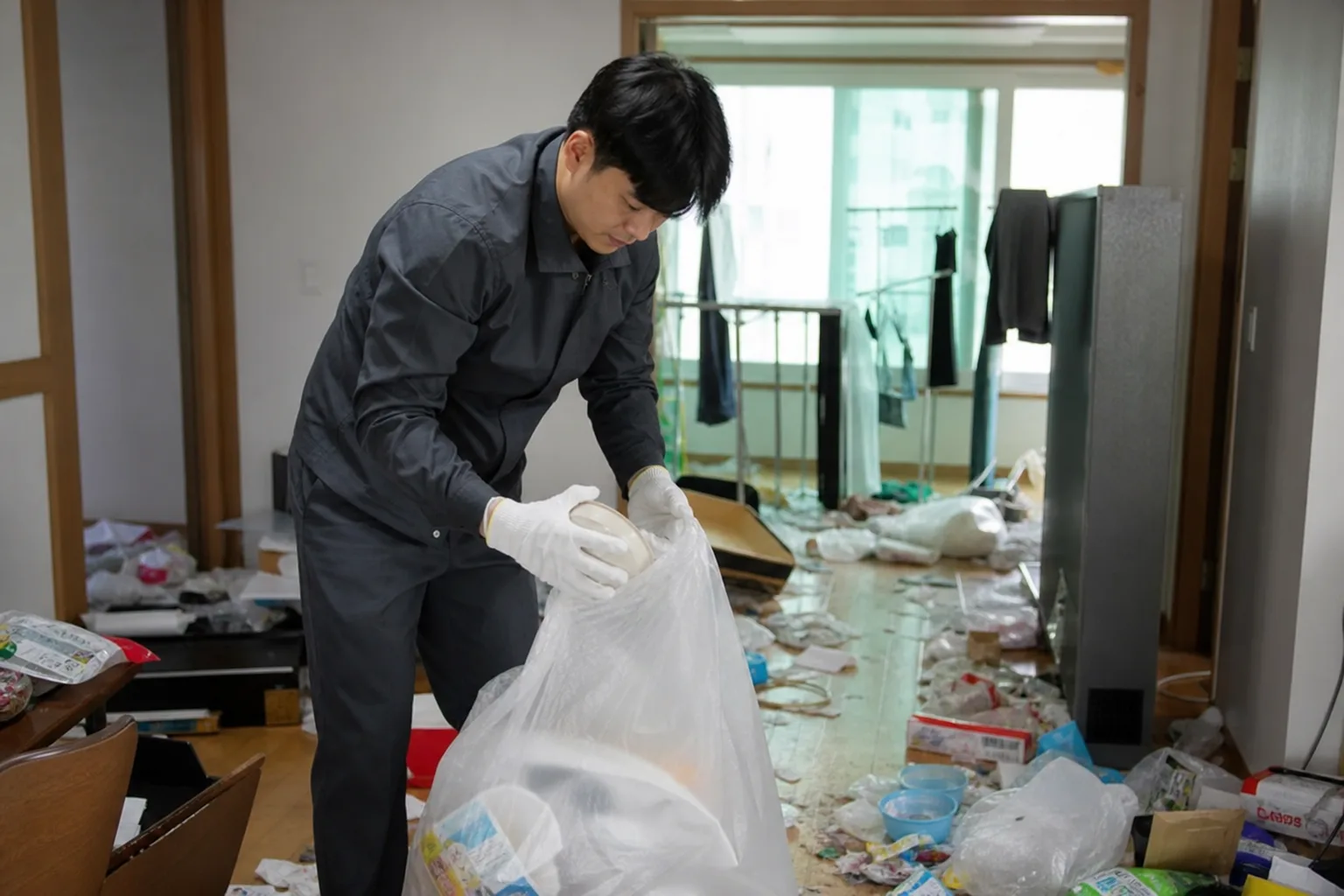 인천 서구 쓰레기집 청소 전문가가 폐기물을 정리하는 모습