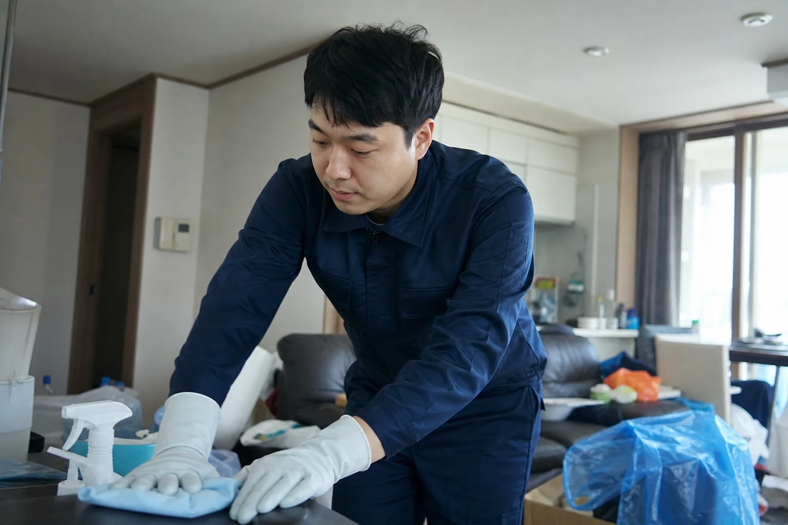 의정부시 장암동 쓰레기집 청소 현장에서 유니폼을 착용한 전문 직원이 청소 및 폐기물 처리를 진행하는 모습
