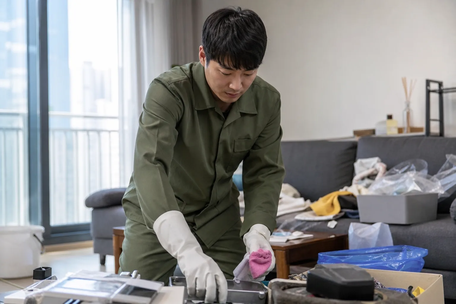 양주시 집정리 현장에서 민트색 유니폼을 입은 전문 직원이 가정청소 및 대청소를 진행하는 모습